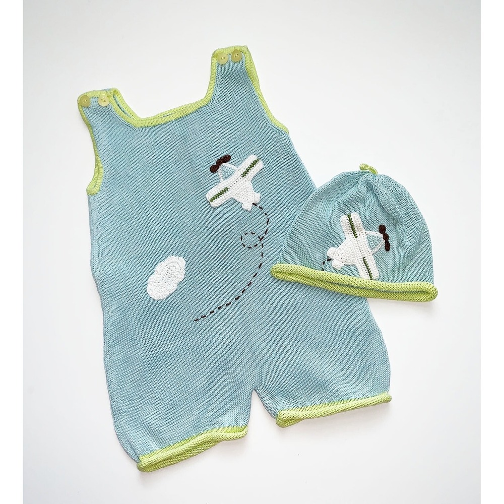 Zackali 4 Kids Blye Airplane baby overall beanie 2‎ Pcs set Boy or Girl 18M